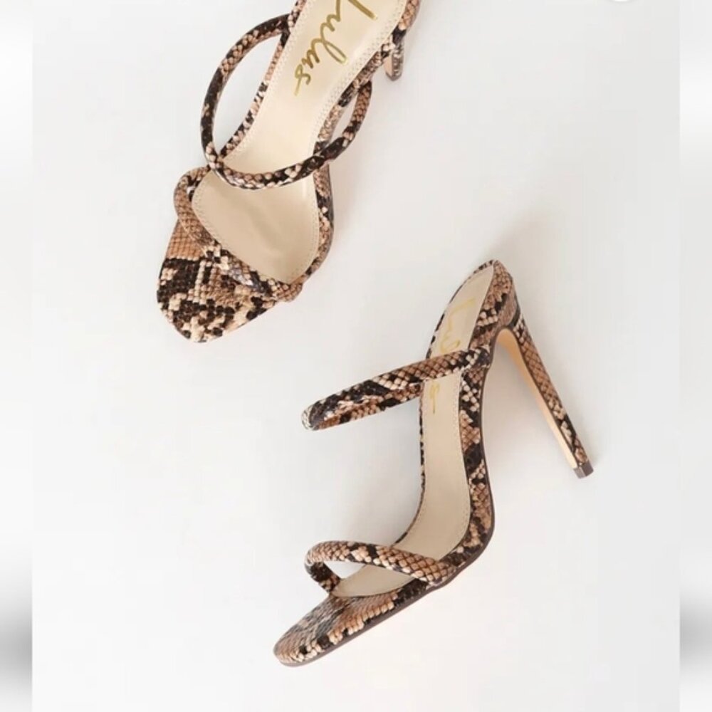 NIB Lulus Theyaa Tan Snake Embossed Square Toe High Heel Sandal